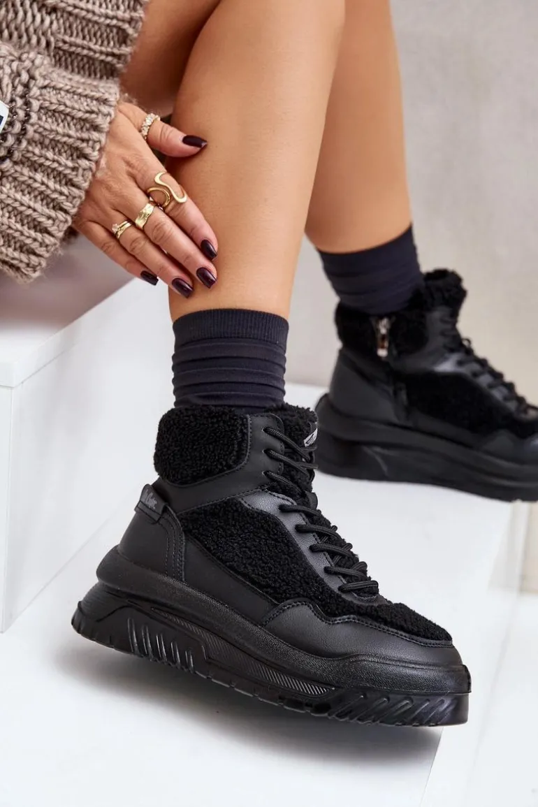 Sneakersy Damskie Na Platformie Z Futerkiem Typu Baranek Lee Cooper LCJ-24-47-3145 Czarne
