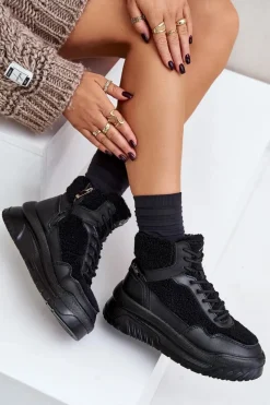 Sneakersy Damskie Na Platformie Z Futerkiem Typu Baranek Lee Cooper LCJ-24-47-3145 Czarne