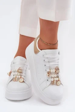 Sneakersy Damskie Na Platformie Z Przypinkami Biało-Złote Ocerdia