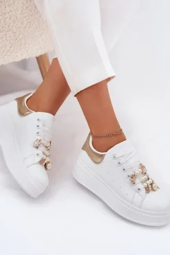 Sneakersy Damskie Na Platformie Z Przypinkami Biało-Złote Ocerdia