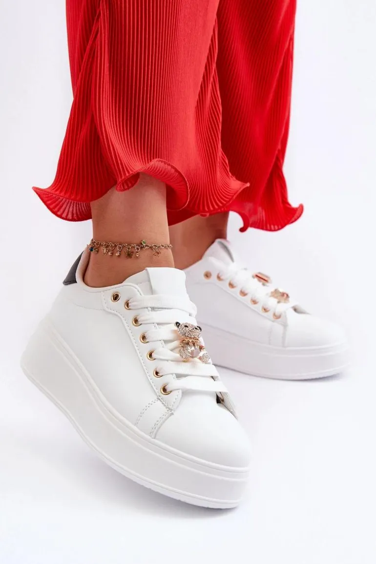 Sneakersy Damskie Na Platformie Z Misiem Białe Moanda