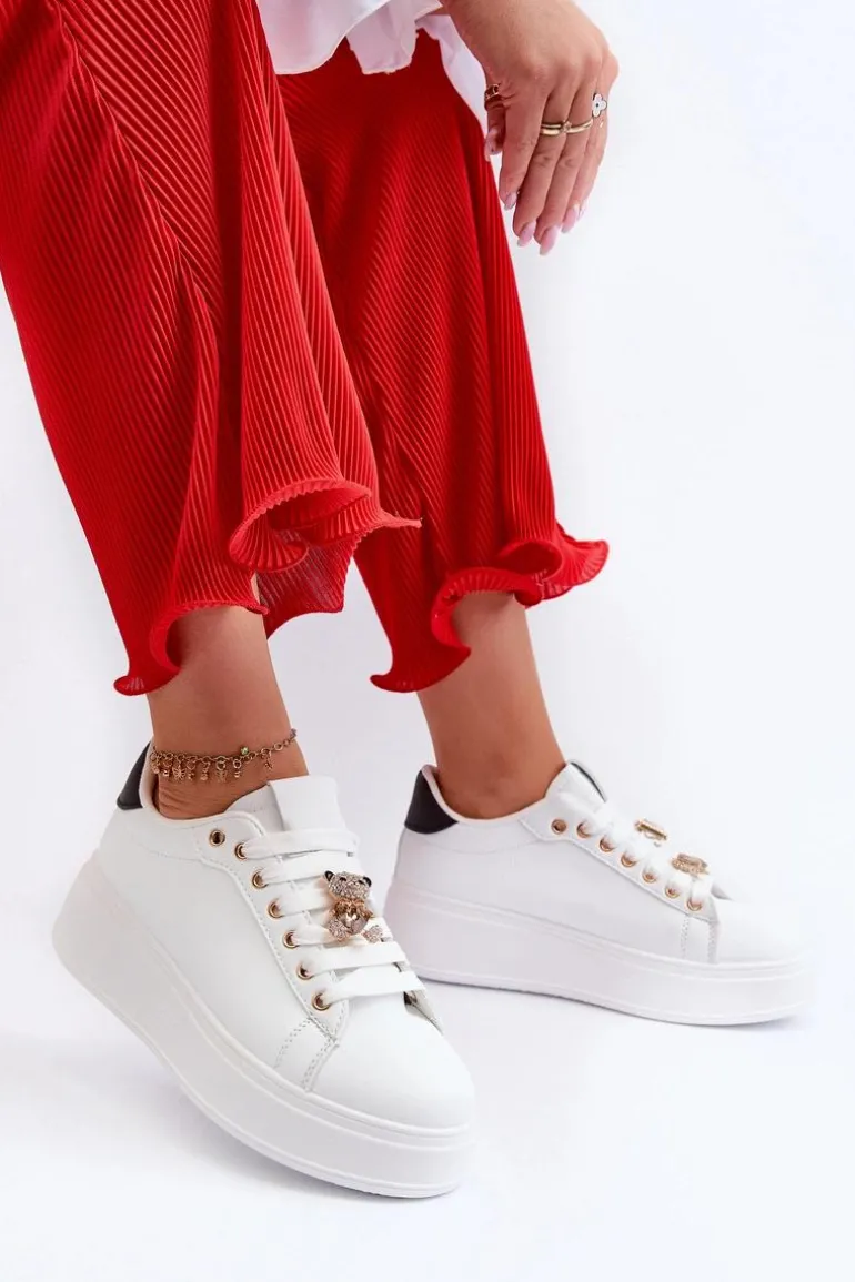 Sneakersy Damskie Na Platformie Z Misiem Białe Moanda