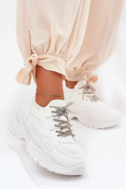 Sneakersy Damskie Na Platformie Ozdobnym Sznurowaniem Białe Evalianne