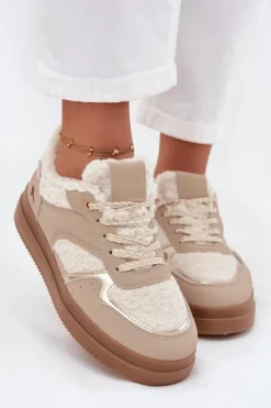 Sneakersy Damskie Na Platformie Z Futerkiem Typu Baranek Beżowe Frelina