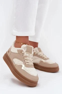 Sneakersy Damskie Na Platformie Z Futerkiem Typu Baranek Beżowe Frelina