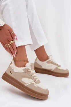 Sneakersy Damskie Na Platformie Z Futerkiem Typu Baranek Beżowe Frelina