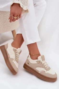 Sneakersy Damskie Na Platformie Z Futerkiem Typu Baranek Beżowe Frelina