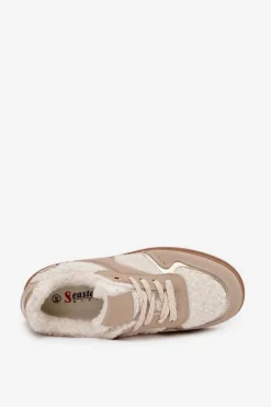 Sneakersy Damskie Na Platformie Z Futerkiem Typu Baranek Beżowe Frelina