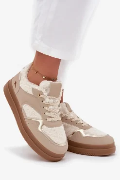 Sneakersy Damskie Na Platformie Z Futerkiem Typu Baranek Beżowe Frelina