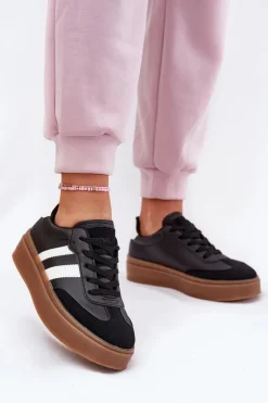 Sneakersy Damskie Na Platformie Z Eko Skóry Czarne Elaraven