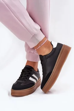 Sneakersy Damskie Na Platformie Z Eko Skóry Czarne Elaraven