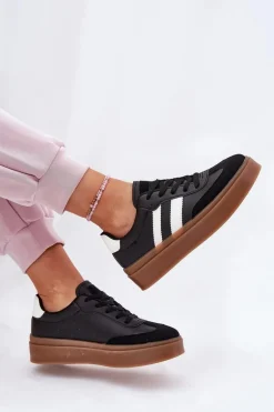 Sneakersy Damskie Na Platformie Z Eko Skóry Czarne Elaraven