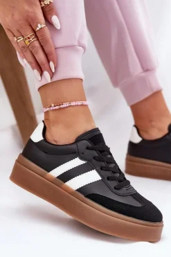 Sneakersy Damskie Na Platformie Z Eko Skóry Czarne Elaraven