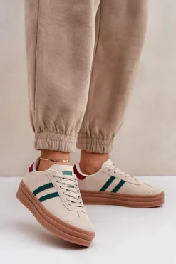 Sneakersy Damskie Na Platformie Beżowo-Zielone Egelia