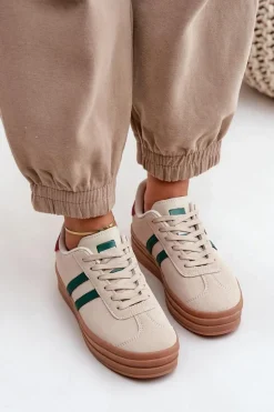 Sneakersy Damskie Na Platformie Beżowo-Zielone Egelia