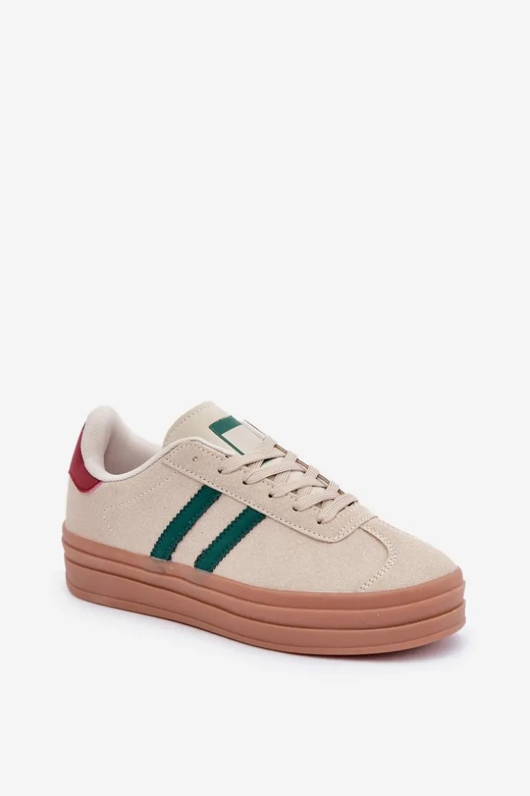 Sneakersy Damskie Na Platformie Beżowo-Zielone Egelia