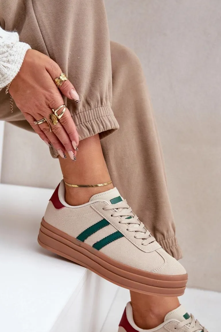 Sneakersy Damskie Na Platformie Beżowo-Zielone Egelia