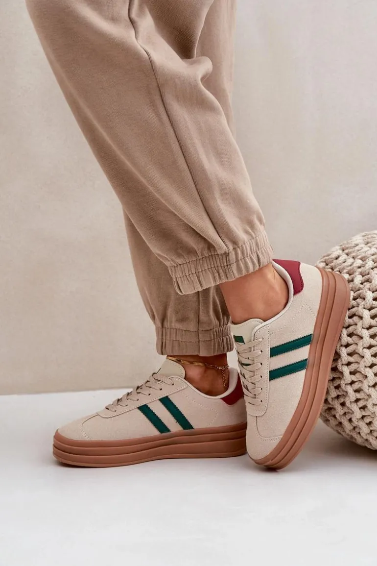 Sneakersy Damskie Na Platformie Beżowo-Zielone Egelia