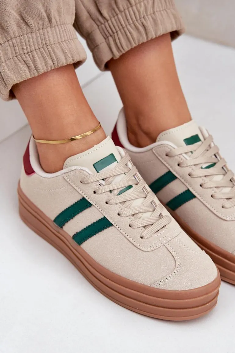 Sneakersy Damskie Na Platformie Beżowo-Zielone Egelia