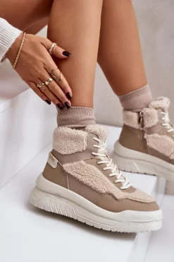 Sneakersy Damskie Na Platformie Z Futerkiem Typu Baranek Lee Cooper LCJ-24-47-3146 Beżowe