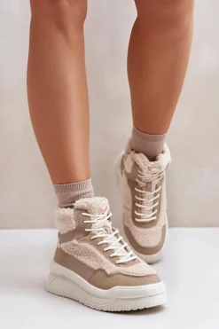 Sneakersy Damskie Na Platformie Z Futerkiem Typu Baranek Lee Cooper LCJ-24-47-3146 Beżowe
