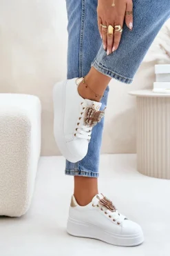 Sneakersy Damskie Na Platformie Z Motylem Biało-Złote Naritevia