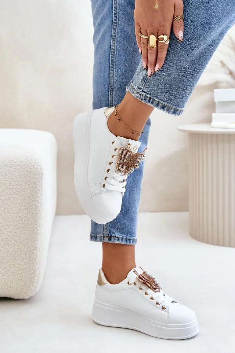 Sneakersy Damskie Na Platformie Z Motylem Biało-Złote Naritevia