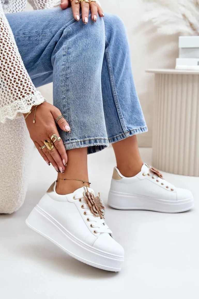 Sneakersy Damskie Na Platformie Z Motylem Biało-Złote Naritevia
