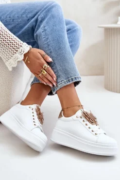 Sneakersy Damskie Na Platformie Z Motylem Biało-Złote Naritevia