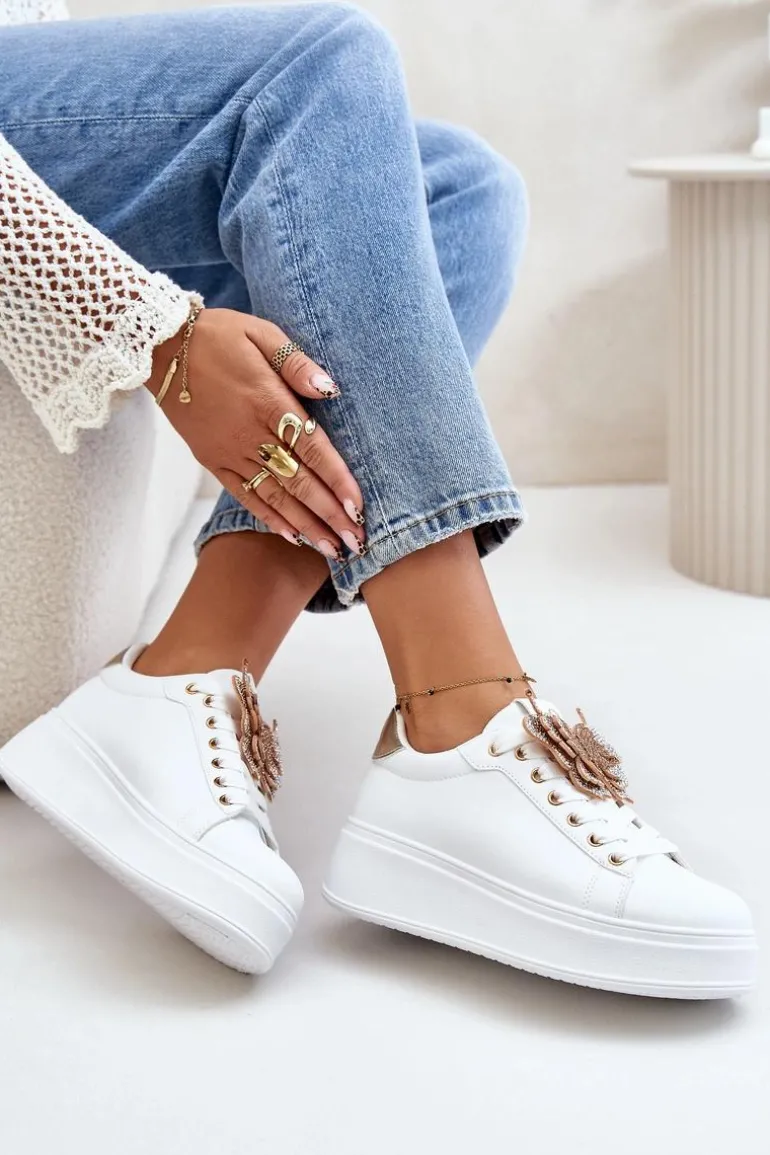 Sneakersy Damskie Na Platformie Z Motylem Biało-Złote Naritevia