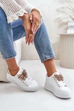 Sneakersy Damskie Na Platformie Z Motylem Biało-Złote Naritevia