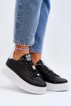 Sneakersy Damskie Na Platformie Z Ozdobami Czarne Herbisa