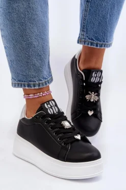 Sneakersy Damskie Na Platformie Z Ozdobami Czarne Herbisa