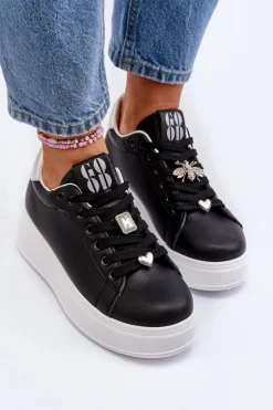 Sneakersy Damskie Na Platformie Z Ozdobami Czarne Herbisa