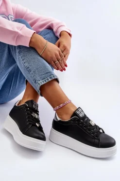 Sneakersy Damskie Na Platformie Z Ozdobami Czarne Herbisa