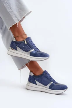 Sneakersy Damskie Na Platformie Z Ażurowym Wzorem I Brokatem INBLU IN000372 Niebieskie