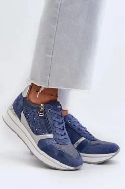 Sneakersy Damskie Na Platformie Z Ażurowym Wzorem I Brokatem INBLU IN000372 Niebieskie