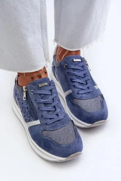 Sneakersy Damskie Na Platformie Z Ażurowym Wzorem I Brokatem INBLU IN000372 Niebieskie