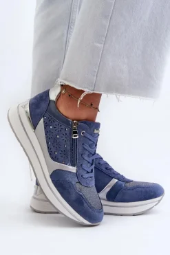 Sneakersy Damskie Na Platformie Z Ażurowym Wzorem I Brokatem INBLU IN000372 Niebieskie