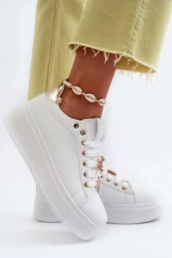 Sneakersy Damskie Na Platformie Z Przypinkami Eko Skóra Białe Cavisa