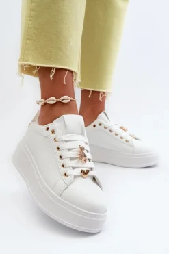 Sneakersy Damskie Na Platformie Z Przypinkami Eko Skóra Białe Cavisa