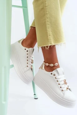 Sneakersy Damskie Na Platformie Z Przypinkami Eko Skóra Białe Cavisa