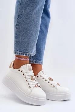 Sneakersy Damskie Na Platformie Z Ozdobami Białe Herbisa