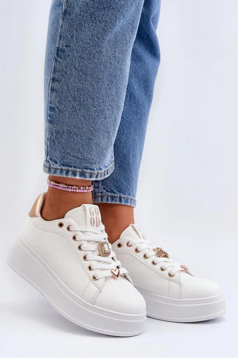 Sneakersy Damskie Na Platformie Z Ozdobami Białe Herbisa