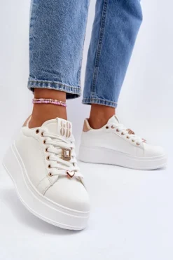 Sneakersy Damskie Na Platformie Z Ozdobami Białe Herbisa
