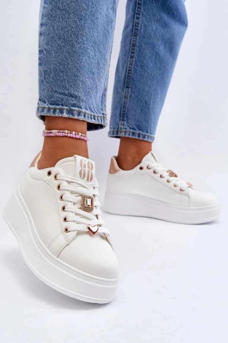 Sneakersy Damskie Na Platformie Z Ozdobami Białe Herbisa