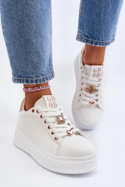 Sneakersy Damskie Na Platformie Z Ozdobami Białe Herbisa