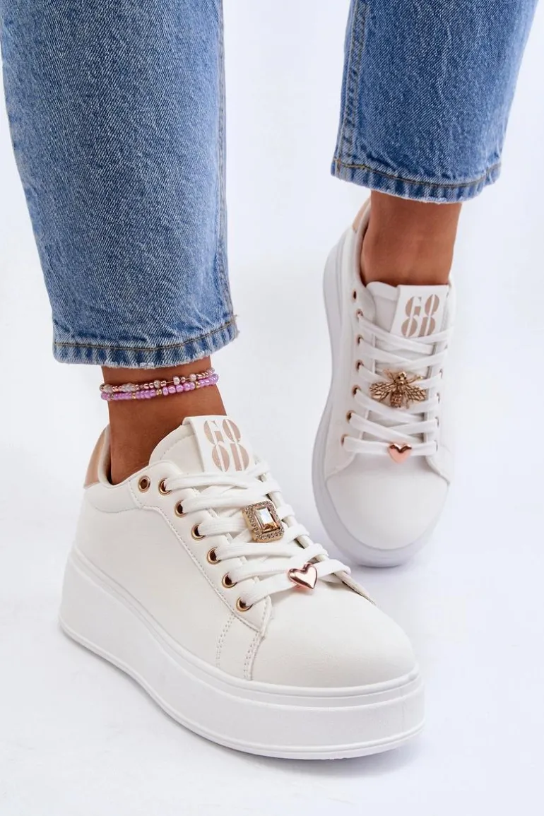 Sneakersy Damskie Na Platformie Z Ozdobami Białe Herbisa