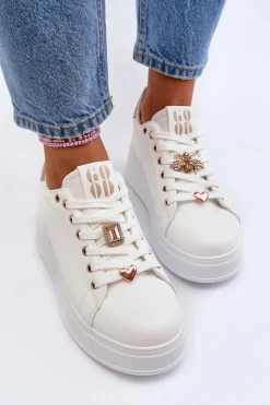 Sneakersy Damskie Na Platformie Z Ozdobami Białe Herbisa
