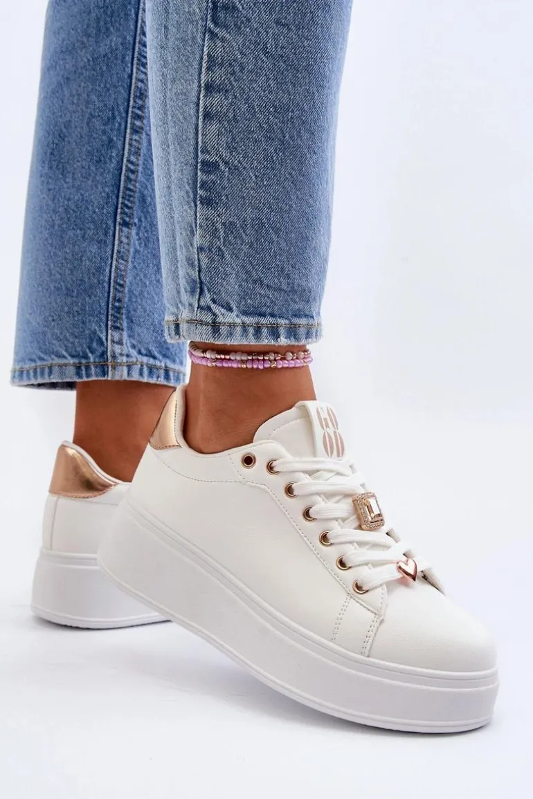 Sneakersy Damskie Na Platformie Z Ozdobami Białe Herbisa